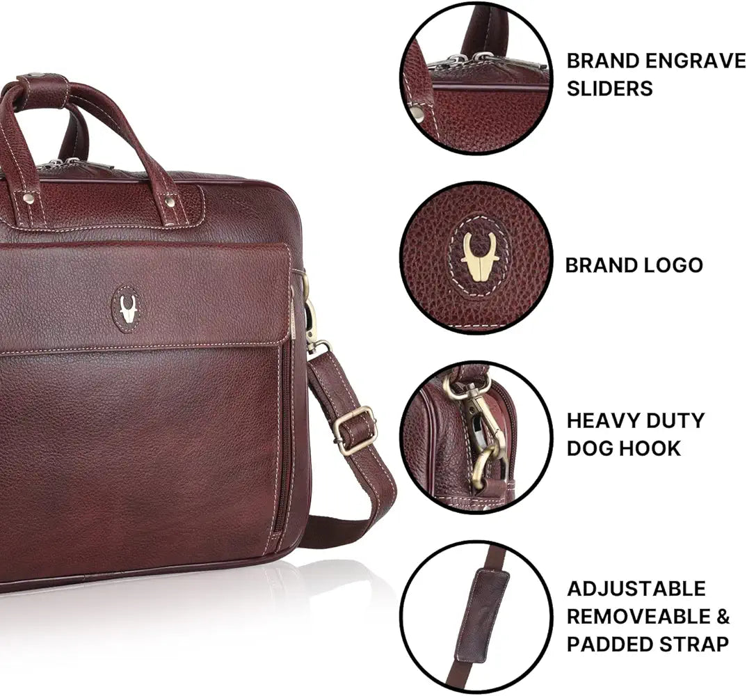WildHorn Leather Laptop Bag for Men I Fits Upto 15.6 Inch Laptop/MacBook I Padded Laptop Compartment I Carry Handles with Adjustable Strap I DIMENSION : L-16 inch W-4 inch H-12 inch