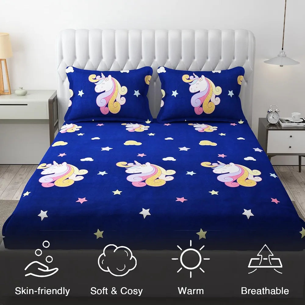 Fresh From Loom 300 TC Glace Cotton Wrinkle Free Soft Elastic Fitted Bed Sheet Cartoon Printed Bedsheets King Size For Kids With 2 Pillow Cover Dinosaur Blue
