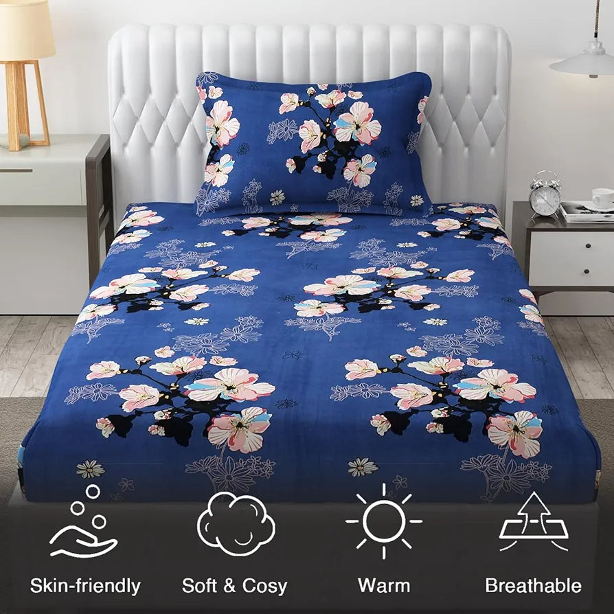 Fresh From Loom Single Size Microfiber Bedsheet Set Rotary Printed Hypoallergenic Wrinkle Free with 1 Pillow Covers Blue 144 TC