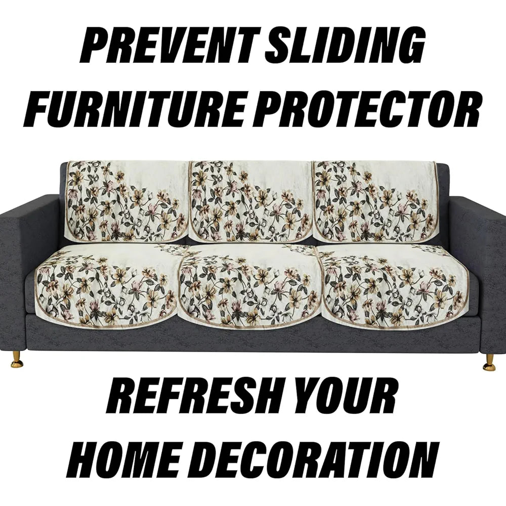 Kuber Industries Velvet Sofa Cover Set 5 Seater Couch Slipcover With Side Flower Design for Living Room Cream