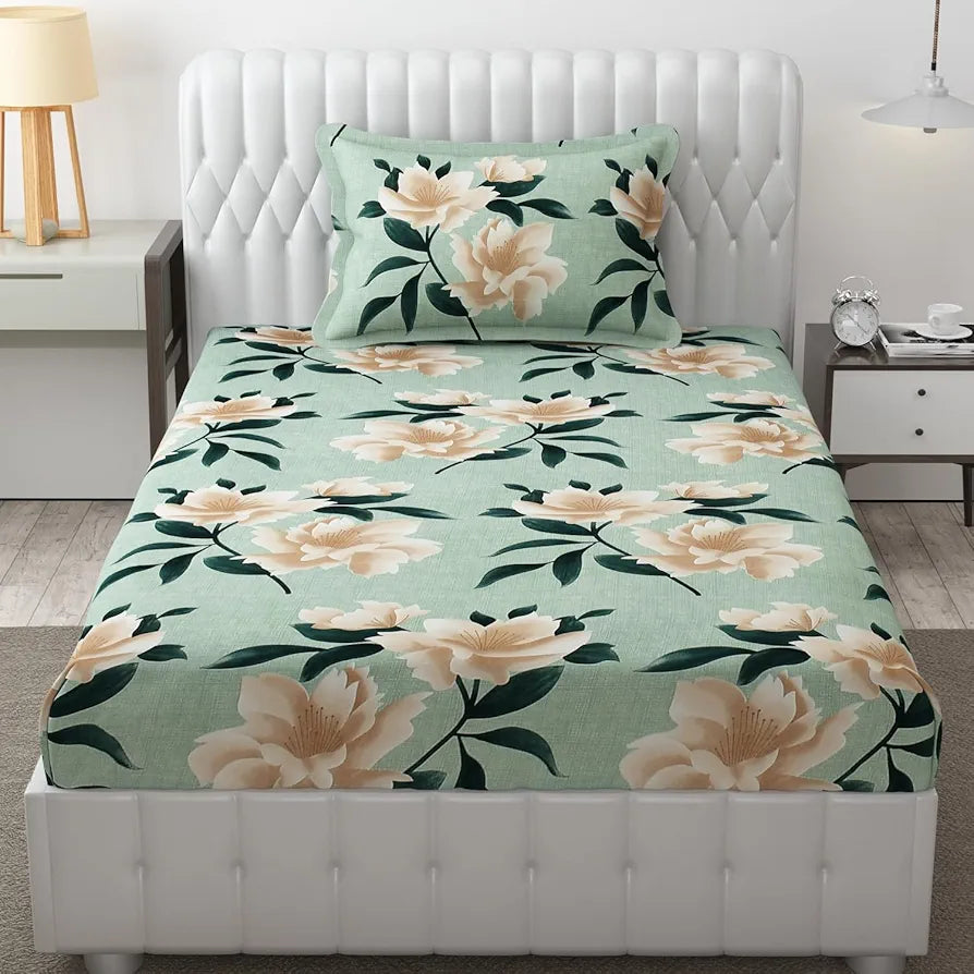 Fresh From Loom Single Bed Floral Design Microfiber Single Bedsheet Includes 1 Pillow Covers 144 TC Sea Green