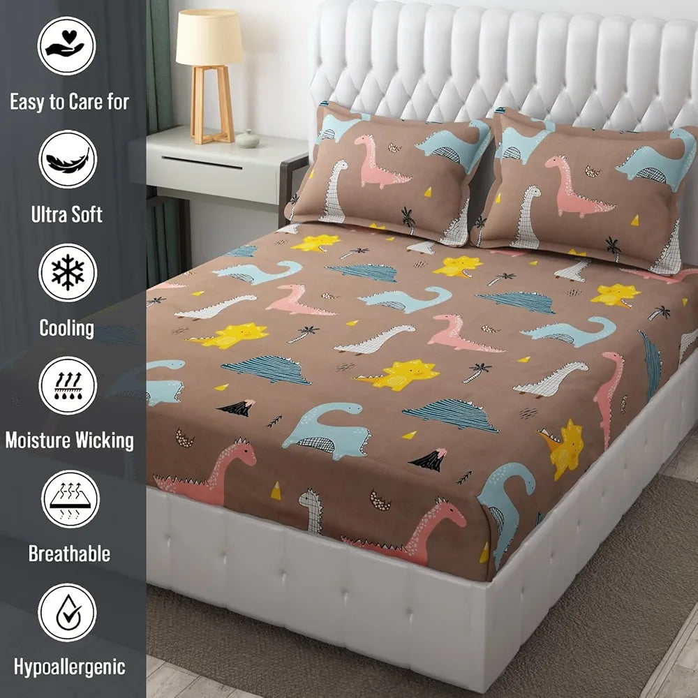 Fresh Form Loom Wrinkle Free Glace Cotton 300 TC Elastic Fitted Bedsheet For Kids With 2 Pillow Cover Rosy Dinosaur Rosy