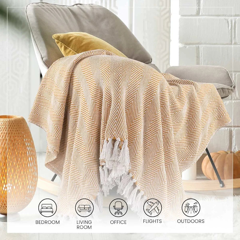 Sashaa World Cotton Striped Chevron Throw Blanket Colour Yellow