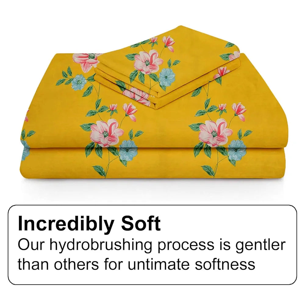 Fresh From Loom Hypoallergenic King Size Floral Print Bedsheet Set 240 TC Includes 2 Pillow Covers Daisy-Yellow