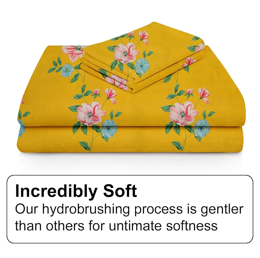 Fresh From Loom Hypoallergenic King Size Floral Print Microfiber Bedsheet Set 240 TC Includes 2 Pillow Covers Daisy-Yellow