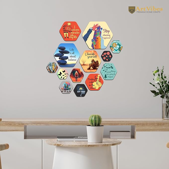 Artvibes Decorative Wooden Wall Hanging Decoration for Home | Quotes Decor Item | Pack of 13 Pieces