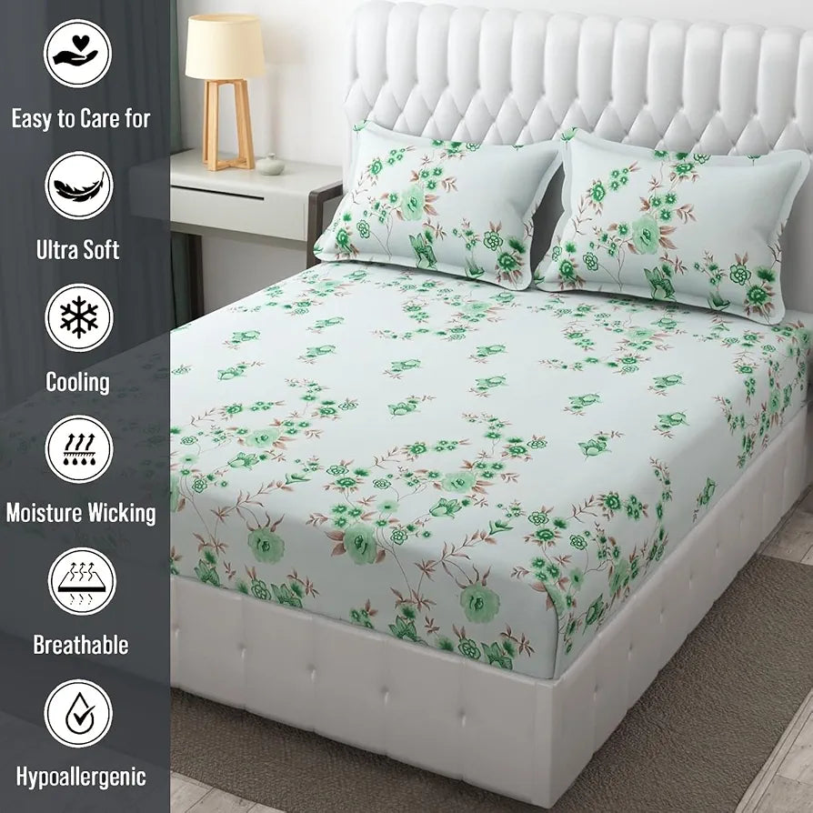 Fresh From Loom Microfiber Rotary Printed Bed Sheet Set King Size Hypoallergenic Wrinkle Free with 2 Pillow Covers Cyan Floral Design