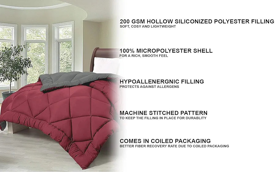 Cloth Fusion Reversible AC Comforter Single Bed Soft Microfibre Quilt Blanket for Winter Grey & Maroon
