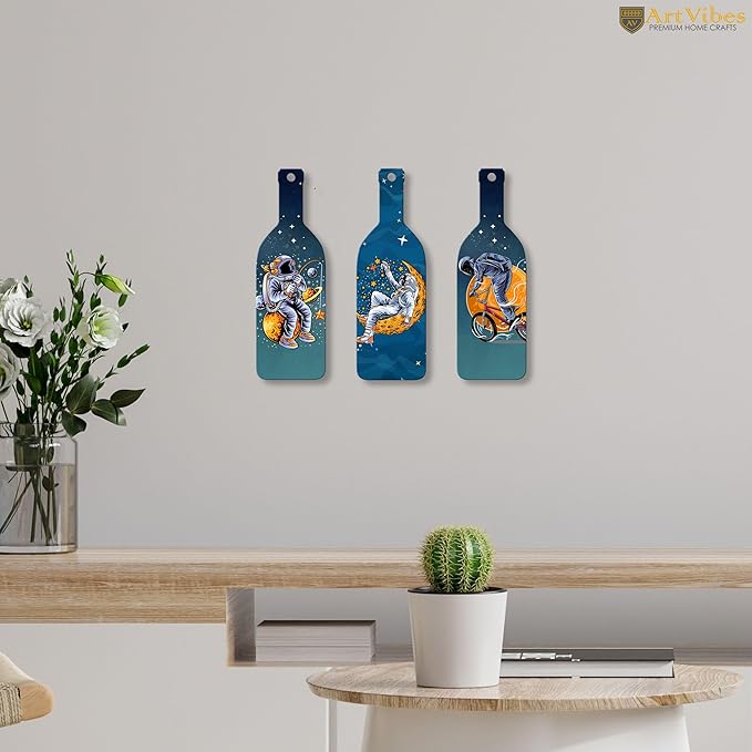 Artvibes Astronaut in Space Wooden Wall Hanging for Home Decor | Set of 3