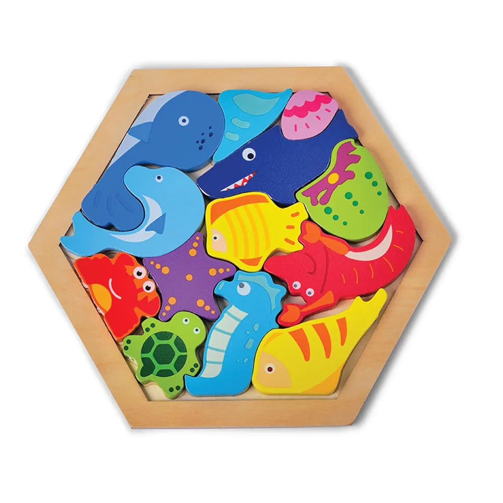 KIDS KINDLY Wooden Stacking and Sorting Puzzle - Sea Animals Theme, Jigsaw Puzzle, Wooden Toys for Kids, Age 3+