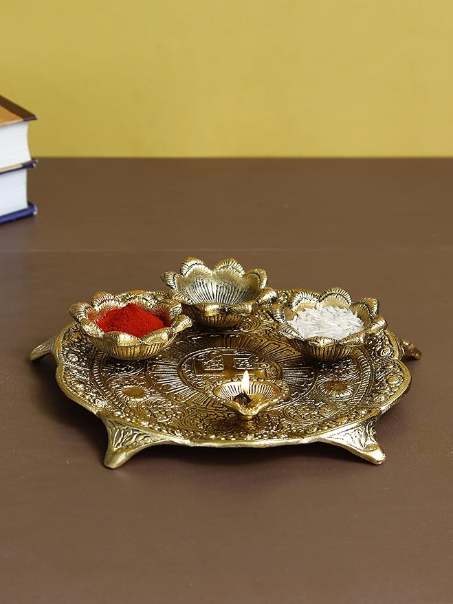 Ecraftindia Golden Metal Swastik Designer Pooja Thali With 3 Bowls and 1 Diya | Traditional Pooja Essential Set