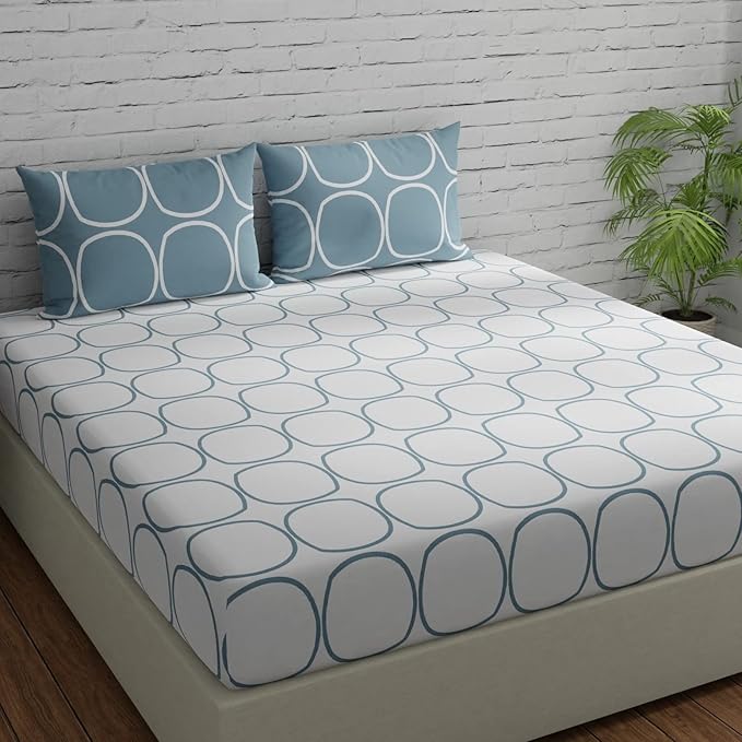 Huesland by Ahmedabad Cotton 144 TC King Size Bedsheet Cotton with 2 Pillow Covers | White & Blue