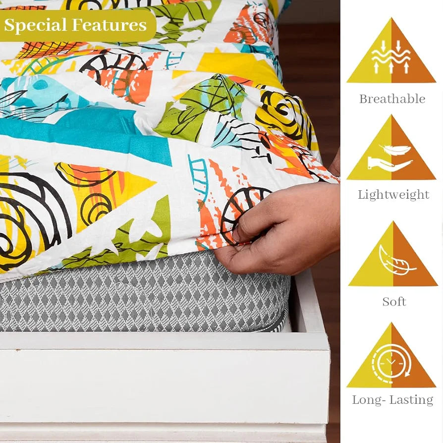 Divine Casa 144 TC Cotton Geometric Print King Size Double Bed Elastic Fitted Bedsheet with 2 Pillow Cover Colour Lime Punch