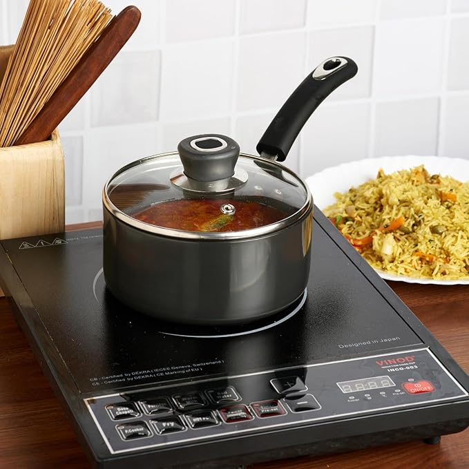 Vinod Hanos Hard Anodised Non Stick Saucepan with Lid - 1.7 Litre, 16 cm | 3.25mm Thick | 5X Long Lasting