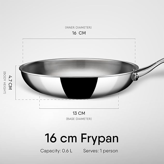 Stahl Artisan Triply Stainless Steel Fry Pan | Induction & Gas Stove Compatible Frying Pan, Omelette Pan, Egg Pan | 0.6 L | 16 Cm