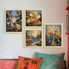 ArtX Paper Golden Deer Sunrise Scenery Flower Tree Art Paintings with Frame Set of 4