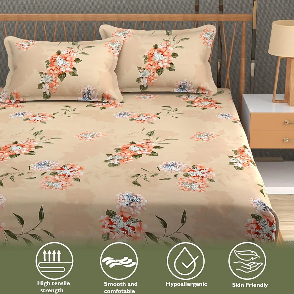 Fresh From Loom Fitted King Size Bedsheet with 2 Pillow Covers Microfiber 240 TC Beige Floral Design