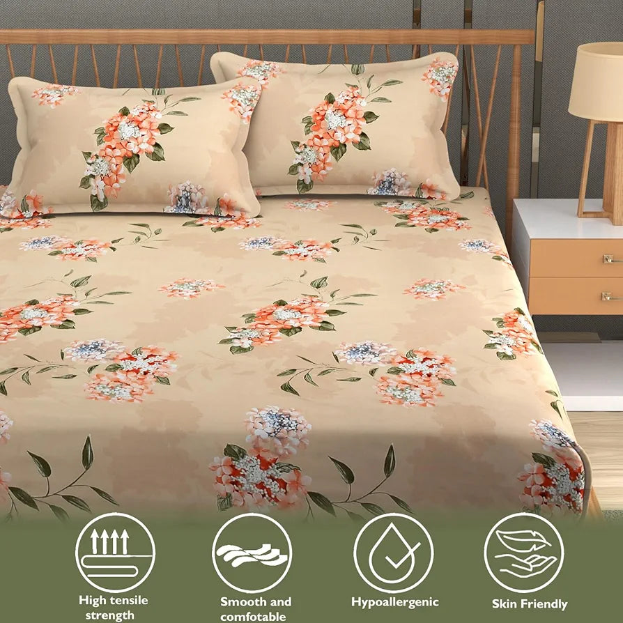 Fresh From Loom Floral Print King Size Bedsheet with 2 Pillow Covers Microfiber 240 TC Beige-Floral
