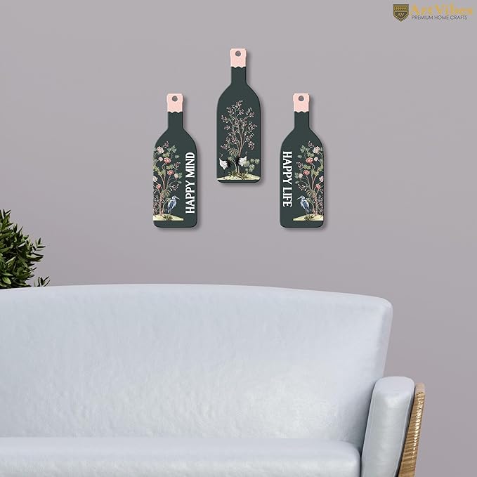 Artvibes Happy Mind Happy Life Wooden Wall Hanging for Home Decor | Decorative Mdf Wall Hanger Artwork | Set of 3