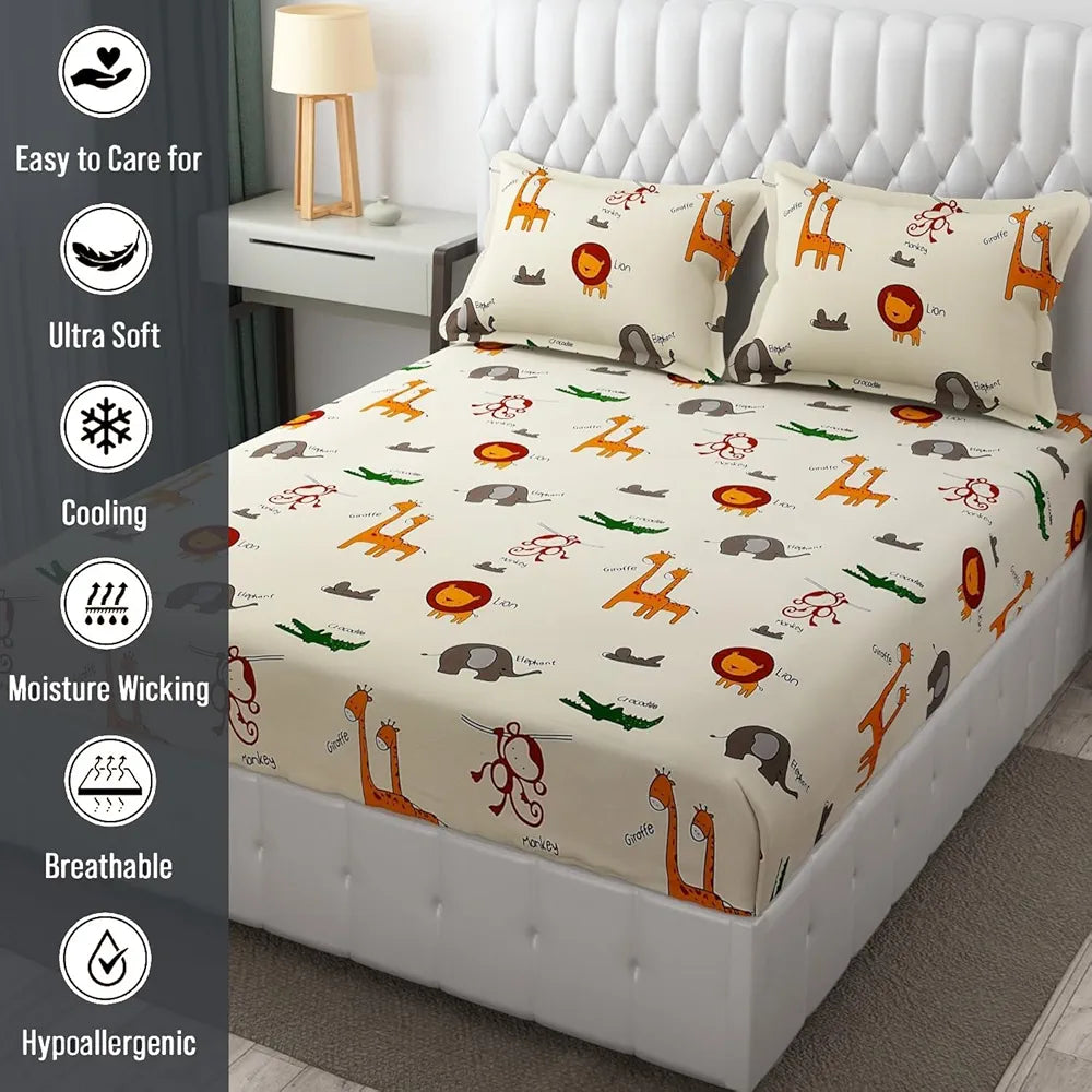 Fresh From Loom Glace Cotton Wrinkle Free Elastic Fitted Bed Sheet with 2 Pillow Cream Animal Double Bed 300 TC