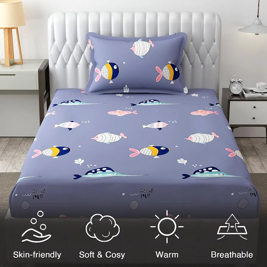 Fresh From Loom Glace Cotton Wrinkle Free Soft Hypoallergenic Bed Sheet Cartoon Printed Single Bedsheet For Kids With One Pillow Cover 144 tc Grizzlies