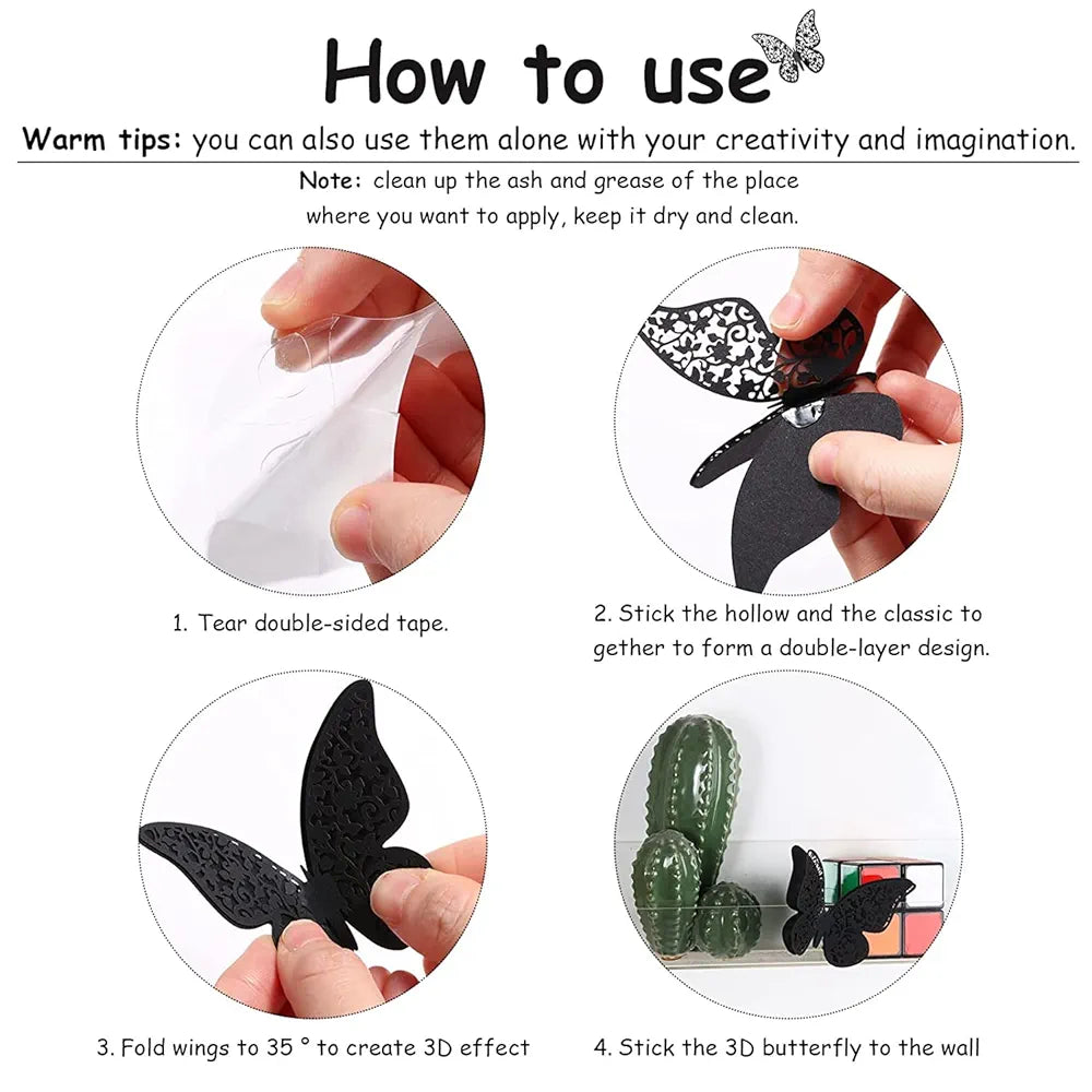 Xtore 120 Pcs Stunning 3D Black and Golden Butterfly Wall Decor Self-Adhesive