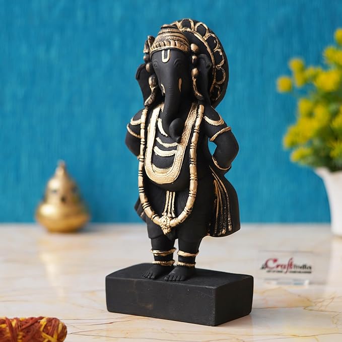 Ecraftindia Black & Golden Polyresin Handcrafted Standing Lord Ganesha Statue