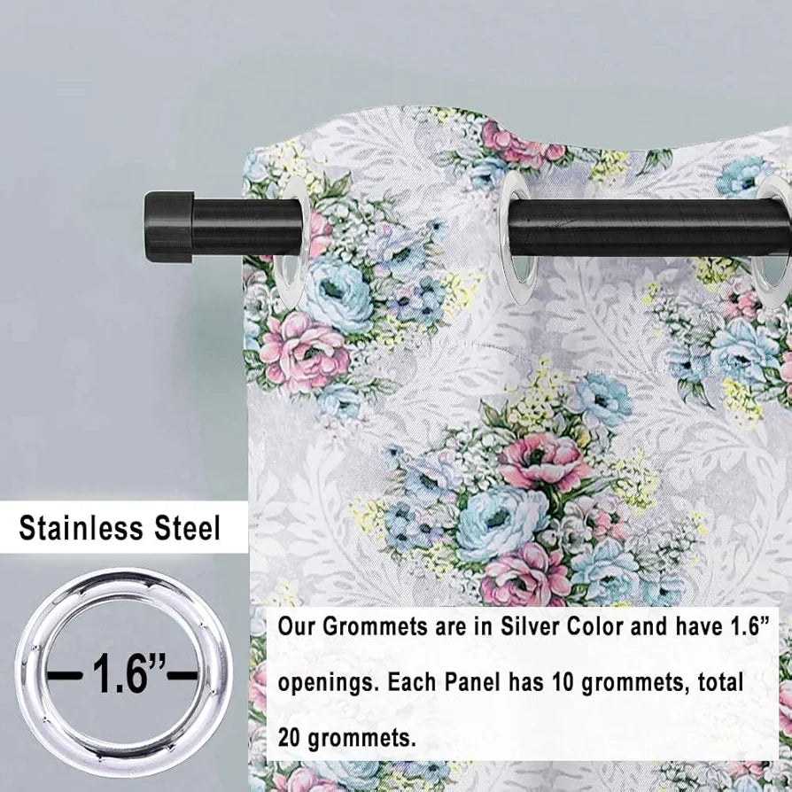 Cloth Fusion Blackout Printed Premium Window Curtains 5 Feet Long Set of 2 Ivory Bouquet