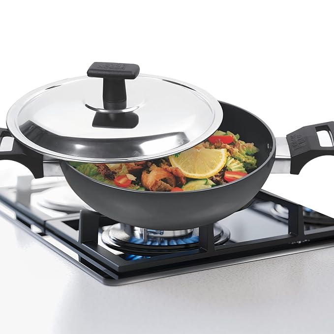 Milton Pro Cook Hard Anodized Kadhai With Stainless Steel Lid, 24 Cm / 2.8 Litre - 1255 gms