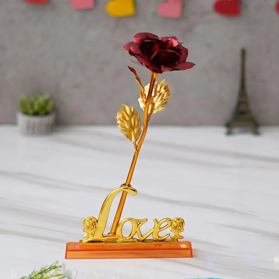 Golden Red Rose Flower with Love Showpiece