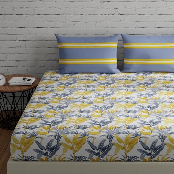 Huesland by Ahmedabad Cotton 144 TC King Size Bedsheet Cotton with 2 Pillow Covers | Flamingos & Stripes Grey & Yellow