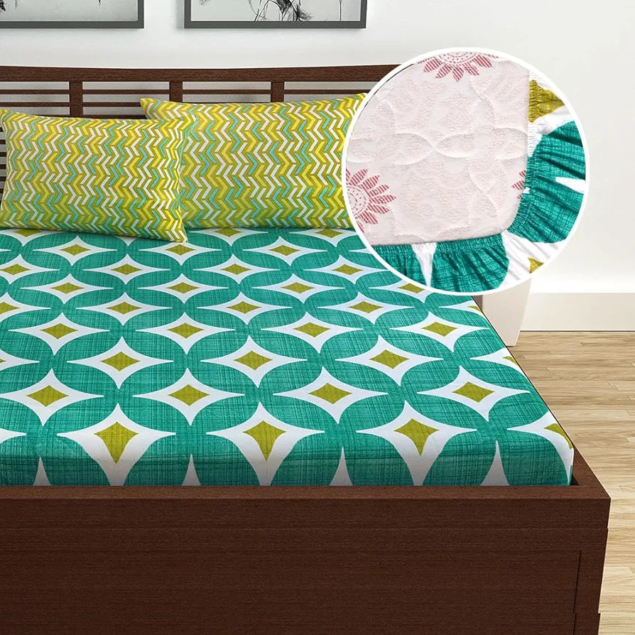 Divine Casa 144 TC Cotton All Around Elastic Fitted Abstract Queen Size Double Bed Bedsheet with 2 Pillow Cover Colour Waterfall