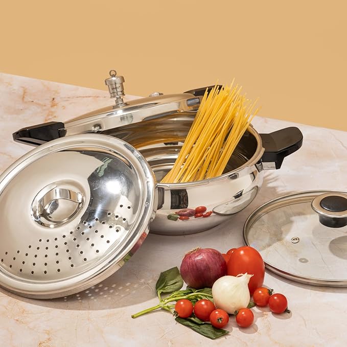 Vinod Magic Stainless Steel Smart 3 in 1 Pressure Cooker 3.5 Litre | 5mm Thick Base | All in One Cooker with Strainer & Glass Lid