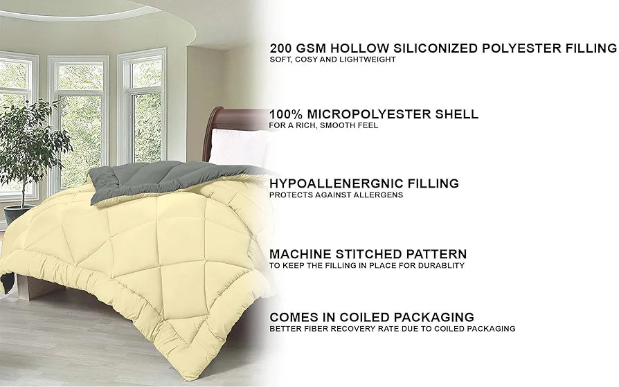 Cloth Fusion Reversible AC Comforter Single Bed Soft Microfibre Quilt Blanket for Winter Yellow & Grey