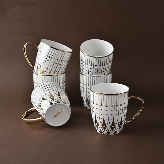 Femora Gold Modern Pattern With White Background Golden Coffee Mugs| 160 Ml | Golden | 6 Pcs Set | Not Microwave Safe