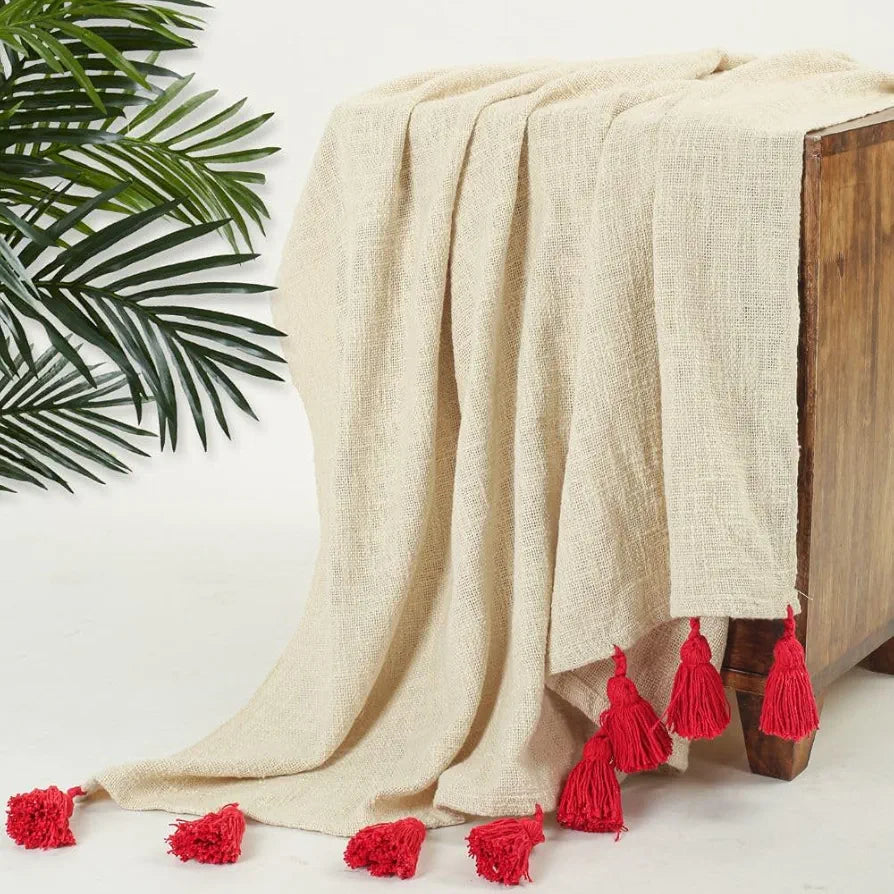 Homadorn 100% Cotton Off White Throw Blanket with Handmade Colorful Tassel Colour Red
