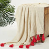 Homadorn 100% Cotton Off White Throw Blanket with Handmade Colorful Tassel Colour Red