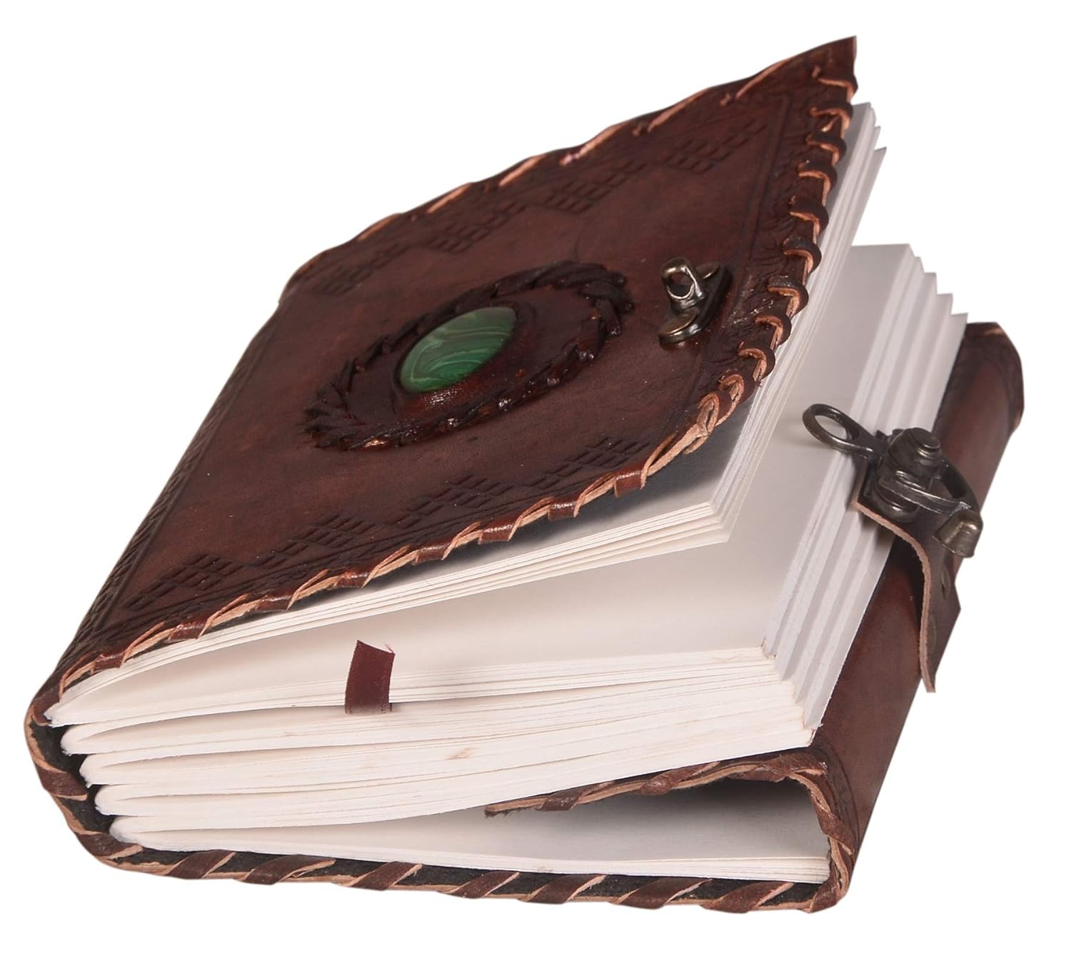 CraftShades – Leather Diary with Antique Green Stone Handmade Leather Bound Diary for Men and Women Unlined 5×7 inches Size 200 Pages Travel Diary with Antique Lock Best Choice of Gift for Raksha Bandhan Day (Green Stone)