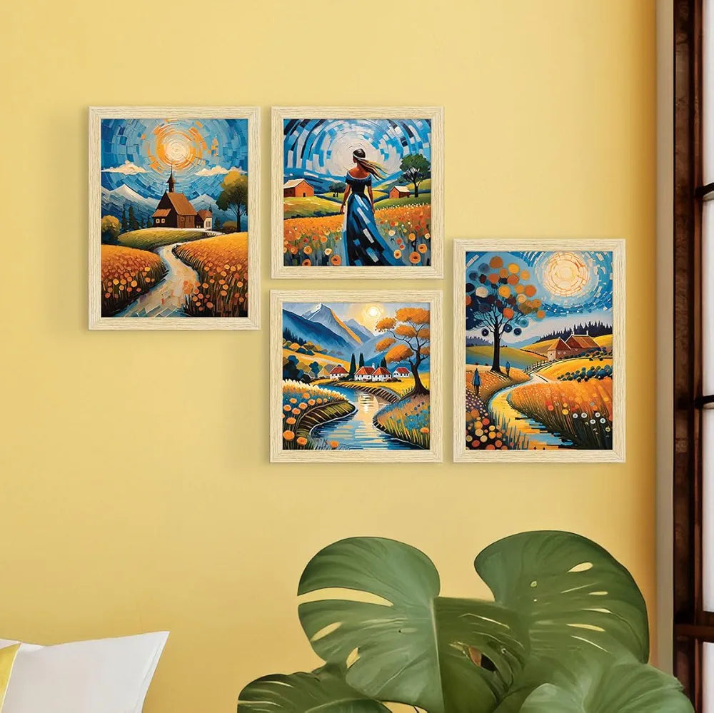 ArtX Paper Bohemian Village Sunrise Art Paintings with Frame Set of 4