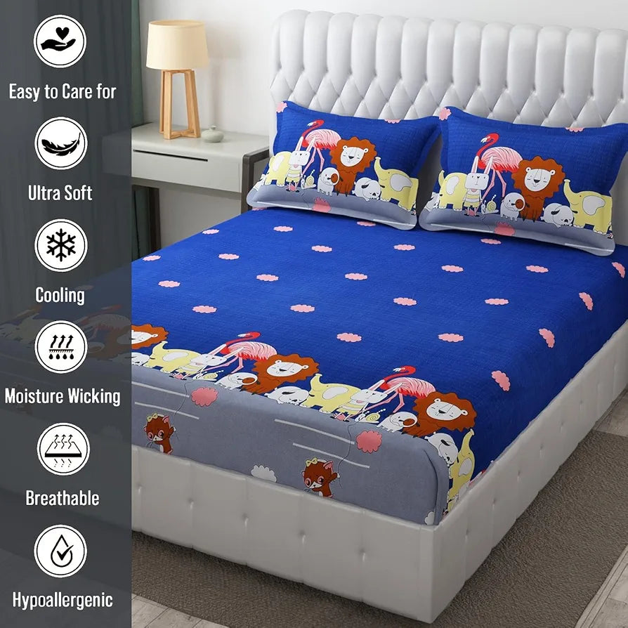 Fresh From Loom Bed Sheet Cartoon Printed Double Bedsheets King Size for Kids with 2 Pillow Cover 144 TC Animal-Blue