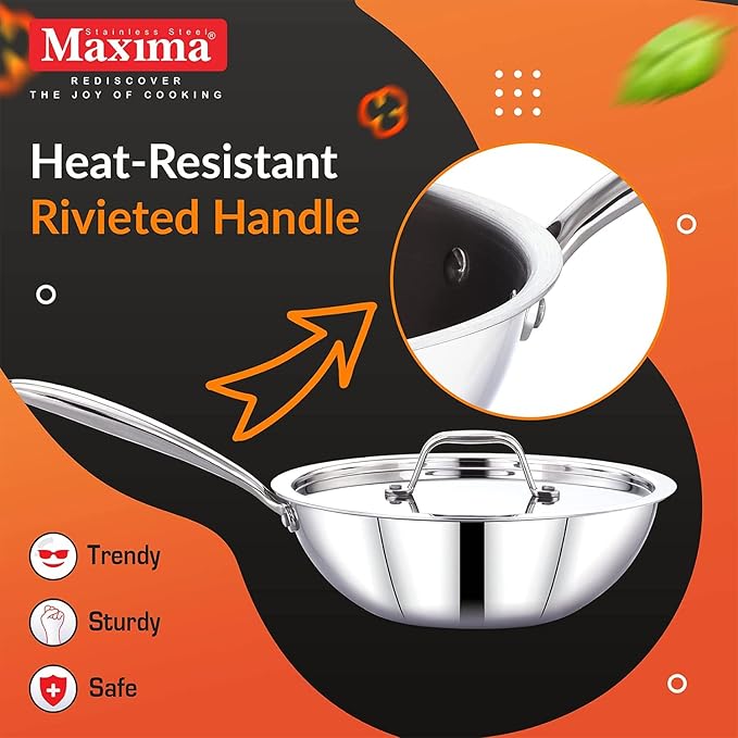 Maxima Triply Stainless Steel Wok Pan 22cm - 1230 gms