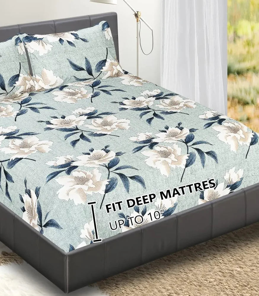 Fresh From Loom Elastic Fitted Floral Bed Sheets Cotton Fitted Bedsheet King Size Bed With Two Pillow Cover 144 TC