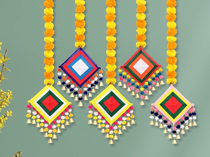 Handmade Artificial Marigold Fluffy Flowers Colorful Woolen Kite Bells Hanging 44 Inches Height Approx Pack of 5