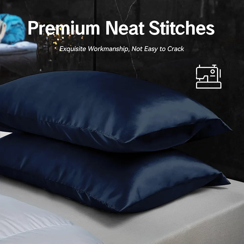 Cloth Fusion Satin Pillow Cover Set of 2 Pillow case with 3 Satin Soft Scrunchies Navy Colour
