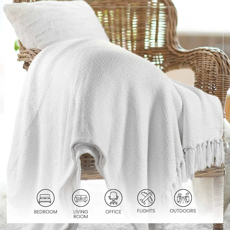 Sashaa World Cotton Chevron Throw Blanket Handwoven with Fringes Colour White