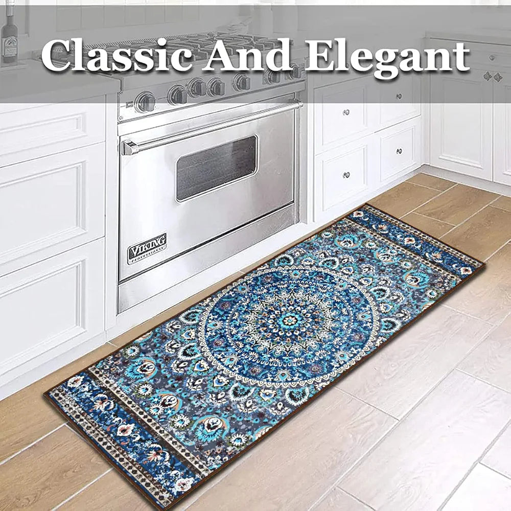 Ishro Home 3d Printed Bedside Runner Carpet Anti Skid For Home Kitchen Colour Geometrical Blue