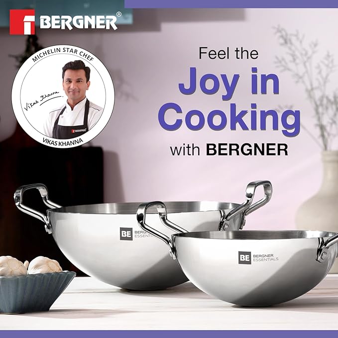 Bergner Be Essential Triply Stainless Steel 28 Cm Extra Deep Kadai | Indian Wok | 4 L Kadhai