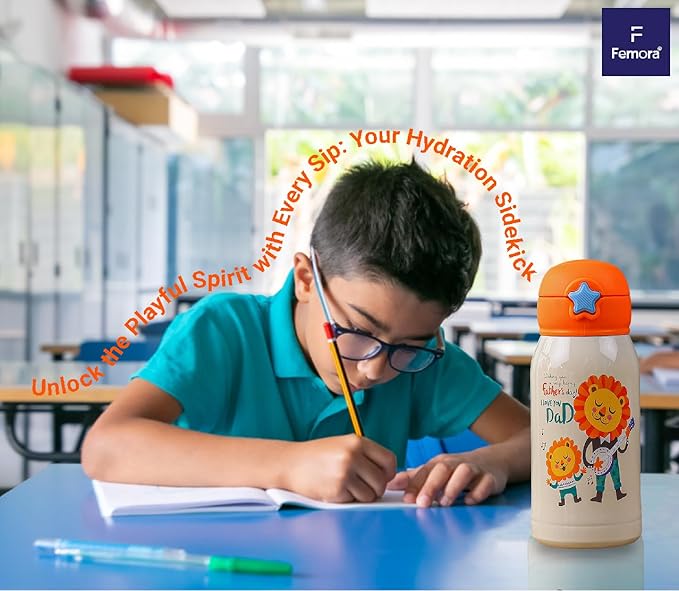 Femora Kids Lion Design Hot & Cold Thermosteel Water Bottle for Kids - 500 gms