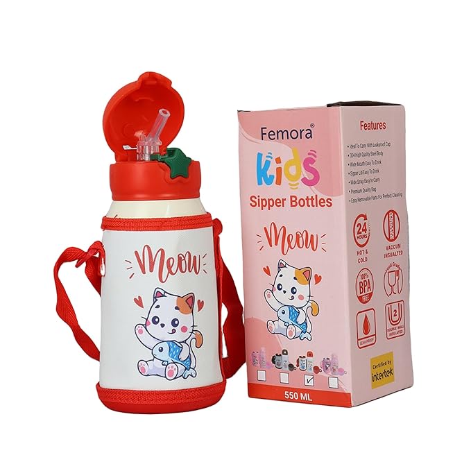 Femora Kids Kitten Water Bottle Hot & Cold Thermosteel Water Bottle for Kids - 380 gms