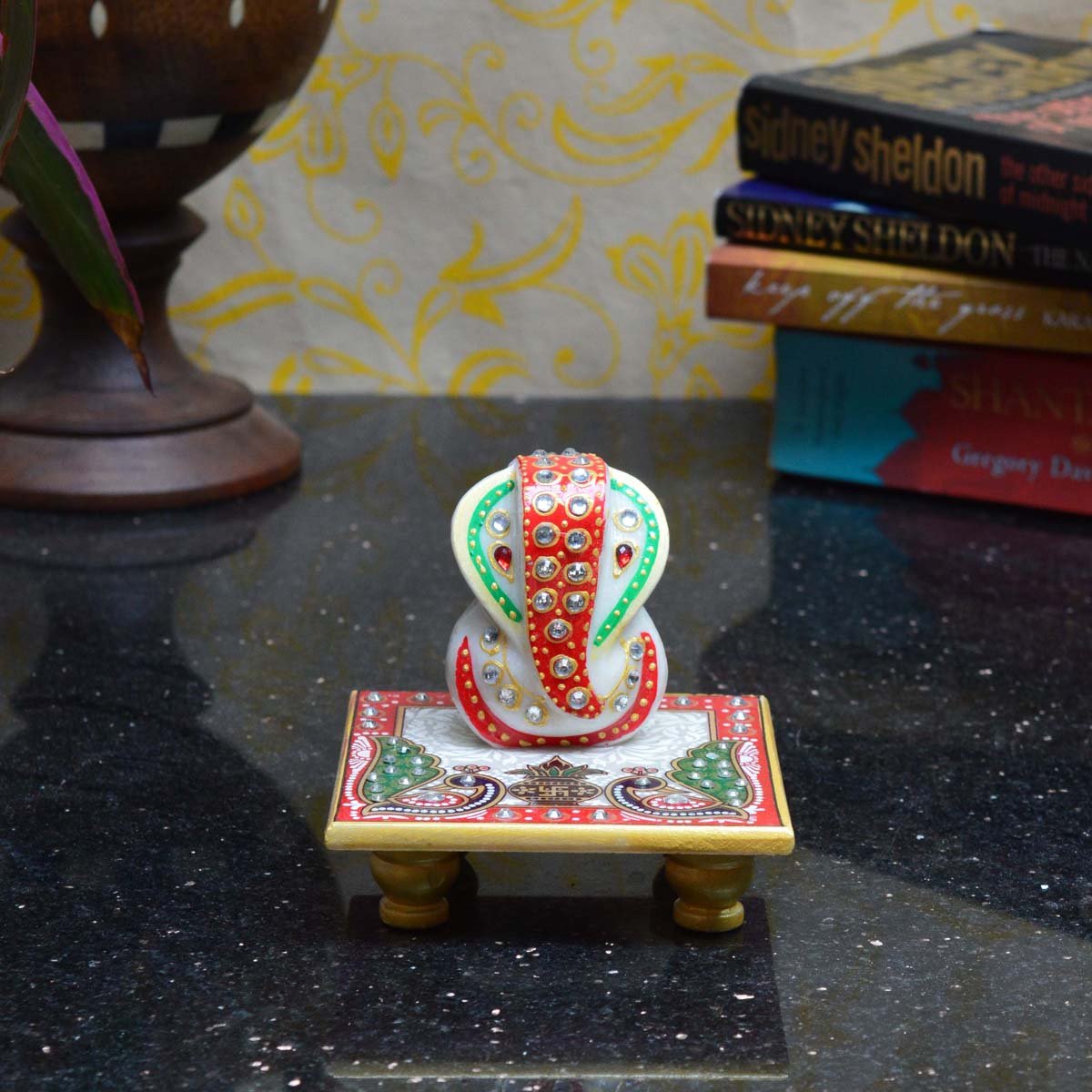 Ecraftindia Marble Crystal Studded Lord Ganesha Chowki With Peocock and Kalash